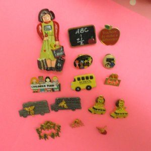 VINTAGE Teacher School Bus Brooch Pin Lot~ 15 Piece School Themed Pin Collection